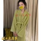 ナイトガウン フランネル S-4XL 春秋 冬用 レディース グリーン 緑 バスローブ ネルパジャマ 便利服 無地 日常 ルームウェア