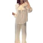 レディース パジャマ ルームウェア 上下セット レーヨン ひんやり 光沢感 四季適用 寝巻き ナイトウェア 乾燥肌 無地 ツルツル フリル