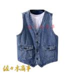 メンズデニムベスト春夏秋薄手ブルー...