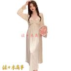 姫系 ネグリジェ 長袖 レース ルームワンピース シルク風 えりフリル ロングワンピース 胸パッド入り 部屋着 ワンピースパジャマ 光沢感