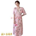 ネグリジェ 花柄 ルームワンピース 半袖 レース Vネック 胸パッド入り シルク風 部屋着 ワンピースパジャマ ロングワンピース 光沢感