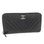 CHANEL ラウンドファスナー長財布 シェブロン Vステッチ ラムスキン ブラック A50097