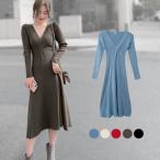 ニットワンピース Vネック Aライン 膝丈 長袖 フレア 無地 リブ シンプル ブルー 青 アイボリー レッド 赤 カーキ ブラック 黒 フリーサイズ JOCOSA 8854