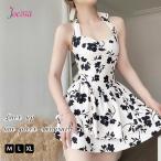 水着ワンピース花柄レースアップフリルホルターネックバックリボン水着体型カバ...