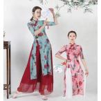  женский классика танцы танцевальный костюм длинный платье в китайском стиле коричневый ina способ раса Dance одежда цветочный принт общий рисунок . минут рукав длинный блуза перо тканый разрез ножны -ru мягкий chu-ru