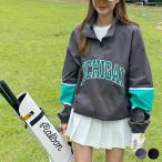 ゴルフウェア レディース 韓国 ハーフジップ ロゴ 秋 春 ジップアップ トップス 長袖 バイカラー おしゃれ ブラック グレー ゆったり おおきめ