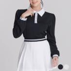 ゴルフウェア レディース 韓国 トップス 長袖 Tシャツ ポロシャツ 秋 春 パフスリーブ バイカラー 配色 かわいい フェミニン フリル リボン