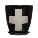 Stoneware Planter with Saucer &amp; Wax Relief White Swiss Cross, Black (Holds