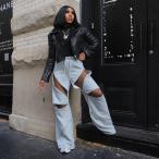  cut наружный Zip широкий брюки танцевальный костюм за границей Корея Street Y2K K-POP hip-hop серый женский 10PA-16