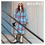 セットアップ チェック柄 テーラード ジャケット ブレザー ロング スカート 韓国 ストリート レディース 冬 SE-518