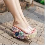 サンダル レディース 厚底 ウエッジソール フラワーデザイン クリア パール 可愛い オープントゥ 歩きやすい 春 夏