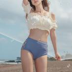 水着 レディース ビキニ ハイウエスト オープンショルダー レースアップ 可愛い 大人 フリル 白 青