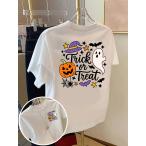 レディースTシャツ 半袖 ラウンドネック ハロウィン ジャックオランタン パンプキン 両面 プリント コットン 洗濯機OK