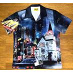 限定生産 【HANG ハング】×【AKOART アコアート】 総柄 半袖 アロハシャツ オープンカラーシャツ 柄シャツ (紺) 黒 マクドナルド タトゥー TATTOO 刺青 入墨