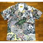 限定生産 【HANG ハング】 × アーティスト【KUSAMA 草間氏】 コラボ 総柄 半袖 アロハシャツ オープンカラーシャツ [89秒 aloha shirts] 白 昭和 漫画 風刺画　