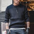 ニットセーター メンズ クルーネック ドローコード式襟 細身 スリム パッチワーク おしゃれ ストライプ かっこいい タフ 秋 冬 トップス 暖か アメカジ