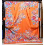 本振袖 ふき入り 102番 披露宴や踊りの衣装用 正絹 USED オレンジに紅型模様 M寸 美品 微訳有