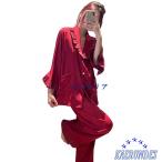 レディース パジャマ シルク風 アイマスク付き ルームウェアセット 上下セット 寝巻き 襟フリル 可愛い エレガント 婦人 ナイトウェア