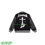 スタジャン スタジアムジャンパー メンズ ブルゾン 原宿系 暗黒風 十字 アメカジ PU革袖 野球服 ワッペン 秋冬着 防寒保温 オシャレ