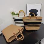 かごバッグレディース春夏台形バンブーハンドル大容量トートバッグポリエステル...