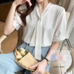 ブラウス レディース 春夏 半袖 ロング丈 Vネック ボウタイ ポリエステル 無地 高級感あり 気品あり 大人っぽい 薄手 白 爆買