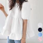 ブラウスレディース春夏半袖丸首ティアードフレアバックリボン袖口ゴムボリュー...