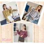 オフショルダー オフショル Tシャツ 長袖 レディース チェック ロング Tシャツ ロンT レッド ブルー イエロー