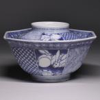 古伊万里 蓋茶碗 江戸時代後期 染付 八方割小紋 兎に水鳥文 八角形 F20