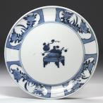 古伊万里 皿 江戸時代後期 染付 芙蓉手 窓絵桔梗橘花活図 N17