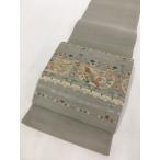 ◇ 着物 名品 袋帯 グレー 孔雀 草花 金糸 お太鼓柄 正絹  リサイクル バイセル