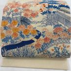 名古屋帯 秀品 風景 草花 縮緬 ベージュ 正絹 中古