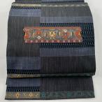 袋帯 美品 名品 じゅらく 落款あり 草花 幾何学 ラメ糸 墨色 お太鼓柄 正絹 中古