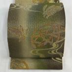 袋帯 美品 名品 うさぎ 流水 金糸 箔 茶緑色 六通 正絹 中古