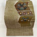 名古屋帯 美品 秀品 松葉仕立て 八寸名古屋帯 鳥 幾何学模様 金糸 茶緑色 正絹 中古