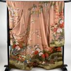 振袖 身丈163cm 裄丈70cm L 袷 花車 屏風 金糸 金彩 ピンクベージュ 正絹 名品 中古