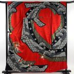 振袖 身丈158cm 裄丈63.5cm S 袷 扇 草花 金糸 刺繍 赤 正絹 名品 中古