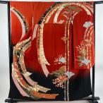 振袖 身丈158.5cm 裄丈64cm M 袷 熨斗 松竹梅 金銀彩 ぼかし 朱色 正絹 秀品 中古