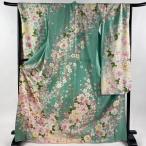 振袖 身丈171.5cm 裄丈68.5cm L 袷 蝶 草花 銀通し 箔 薄緑 正絹 逸品 中古