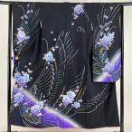 振袖 身丈150cm 裄丈63.5cm S 袷 薔薇 蝶 金銀彩 染分け 黒 正絹 名品 中古