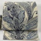 名古屋帯 秀品 紬地 草花 クリーム 正絹 中古