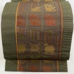 名古屋帯 美品 秀品 松葉仕立て 八寸名古屋帯 花兎 縞 茶緑色 正絹 中古