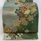 袋帯 美品 秀品 振袖向き 桜 波 金糸 箔 薄緑 六通 正絹 中古