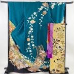 振袖 身丈171cm 裄丈68cm L 袷 袋帯フルセット 鼓 扇面 金彩 金糸 深緑 正絹 名品 中古