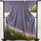 訪問着 身丈159cm 裄丈63.5cm S 袷 落款あり 桜 逆さ雲取り 金彩 染め分け 灰紫 正絹 美品 秀品 中古