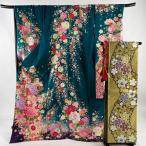 振袖 身丈180.5cm 裄丈74cm L 袷 袋帯フルセット 鼓 牡丹 箔 金彩 緑 正絹 美品 名品 中古