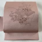 名古屋帯 美品 優品 扇 草花 銀糸 刺繍 薄ピンク 正絹 中古