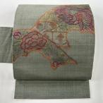 名古屋帯 美品 秀品 紬地 花鳥 草花 刺繍 薄緑 正絹 中古