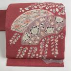名古屋帯 美品 秀品 落款あり 扇面 草花 絞り ピンク 正絹 中古