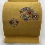 開き名古屋帯 美品 秀品 紬地 花丸文 華文 刺繍 金糸 からし色 正絹 中古
