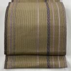 名古屋帯 美品 名品 八寸名古屋帯 松葉仕立て 縞模様 幾何学模様 茶緑色 正絹 中古